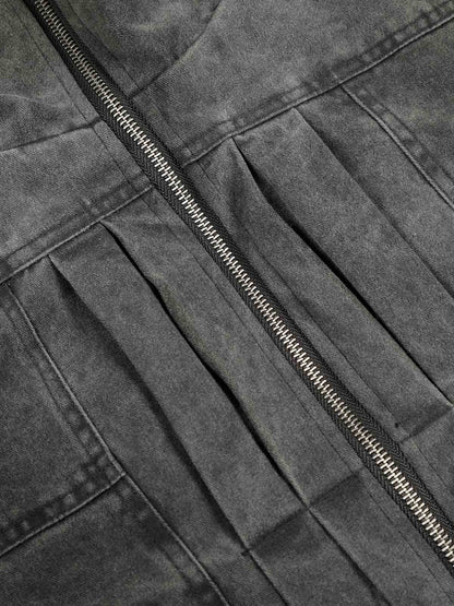 Vintage Distressed Pleated Shearling Collar Fleece Jacket