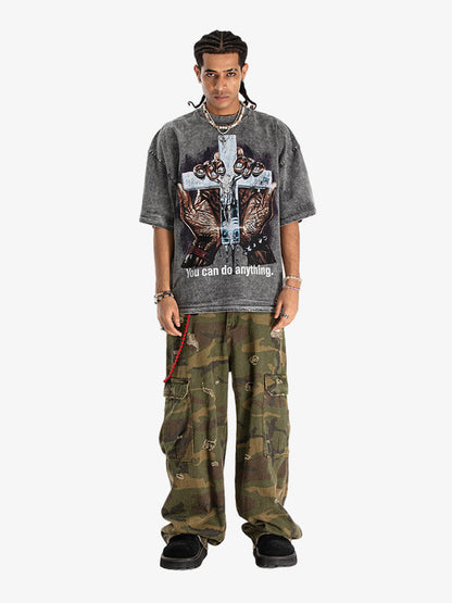 300G Jade Pattern Dyeing Cotton Oversized T-Shirt with Cross Hand Graphic Print?