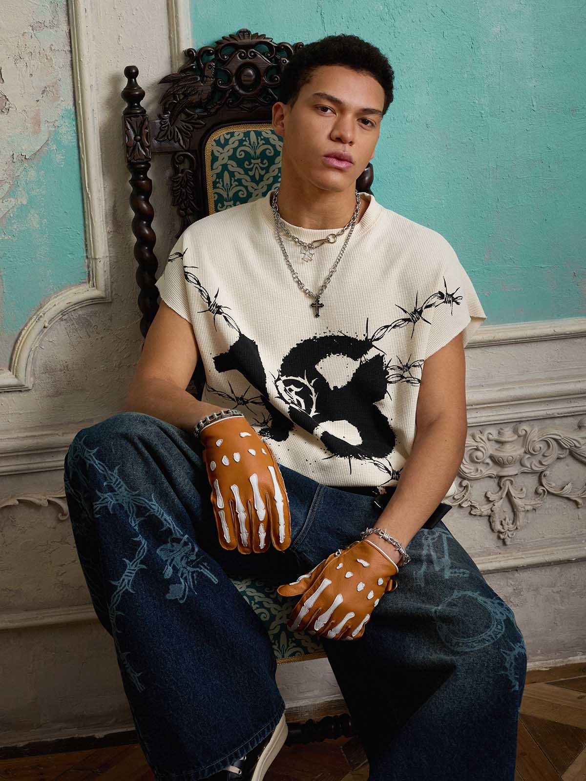 Supermade Waffle Thorn Print Sleeveless T-Shirt?