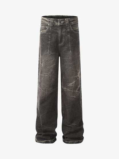 Washed Black Denim Wide Leg Jeans with Distressed Texture for Men 