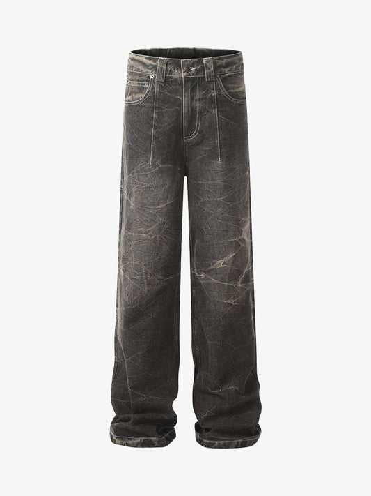 Washed Black Denim Wide Leg Jeans with Distressed Texture for Men 
