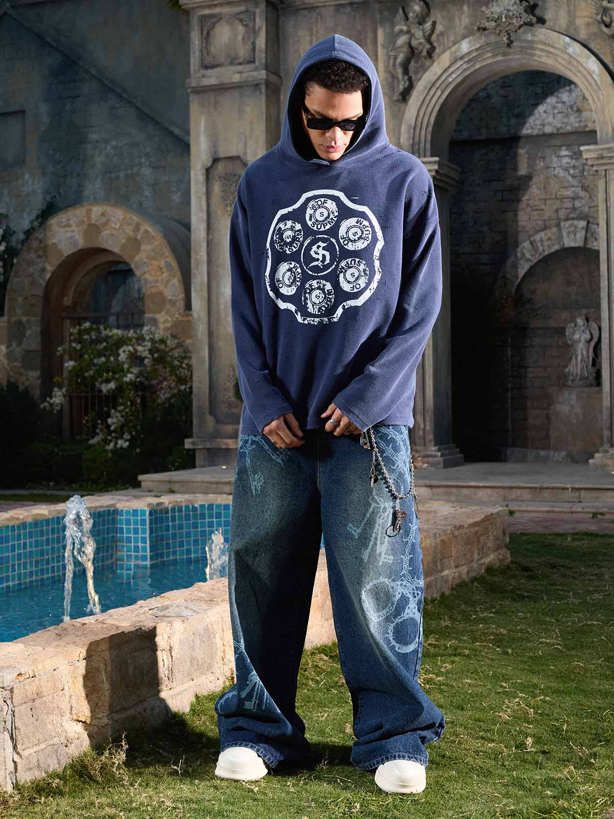 Supermade Waffle-Knit Distressed Button-Pattern Hoodie?