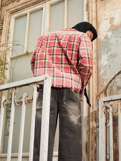 Cotton Plaid Shirt with Paint Splatter Design, Distressed Hem and Pockets, Casual Men's Long Sleeve Button-Up Jacket 