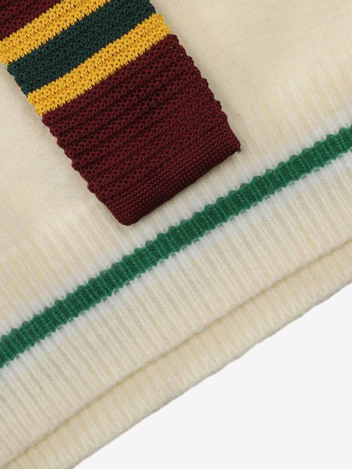 Retro Striped Contrast Panel Button-Up Collar Sweater 