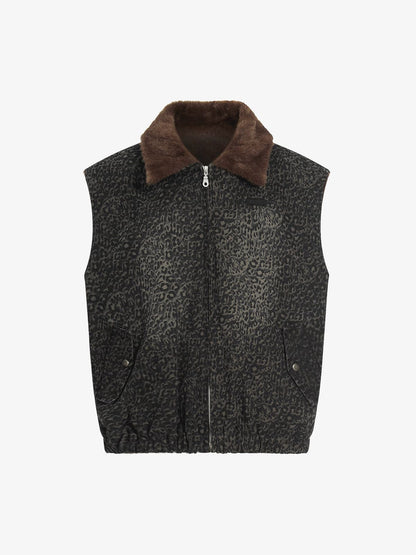 Leopard Print Vest with Faux Fur Collar - Stylish and Warm Winter Outerwear 