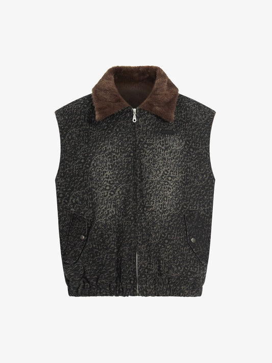 Leopard Print Vest with Faux Fur Collar - Stylish and Warm Winter Outerwear 