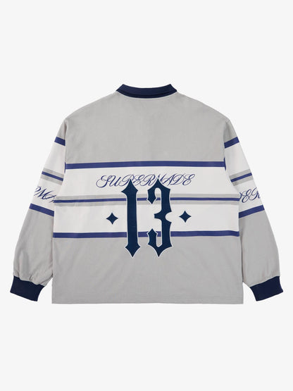 Supermade Color-Blocked Polo Collar Embroidered Print Long-Sleeved Jersey?