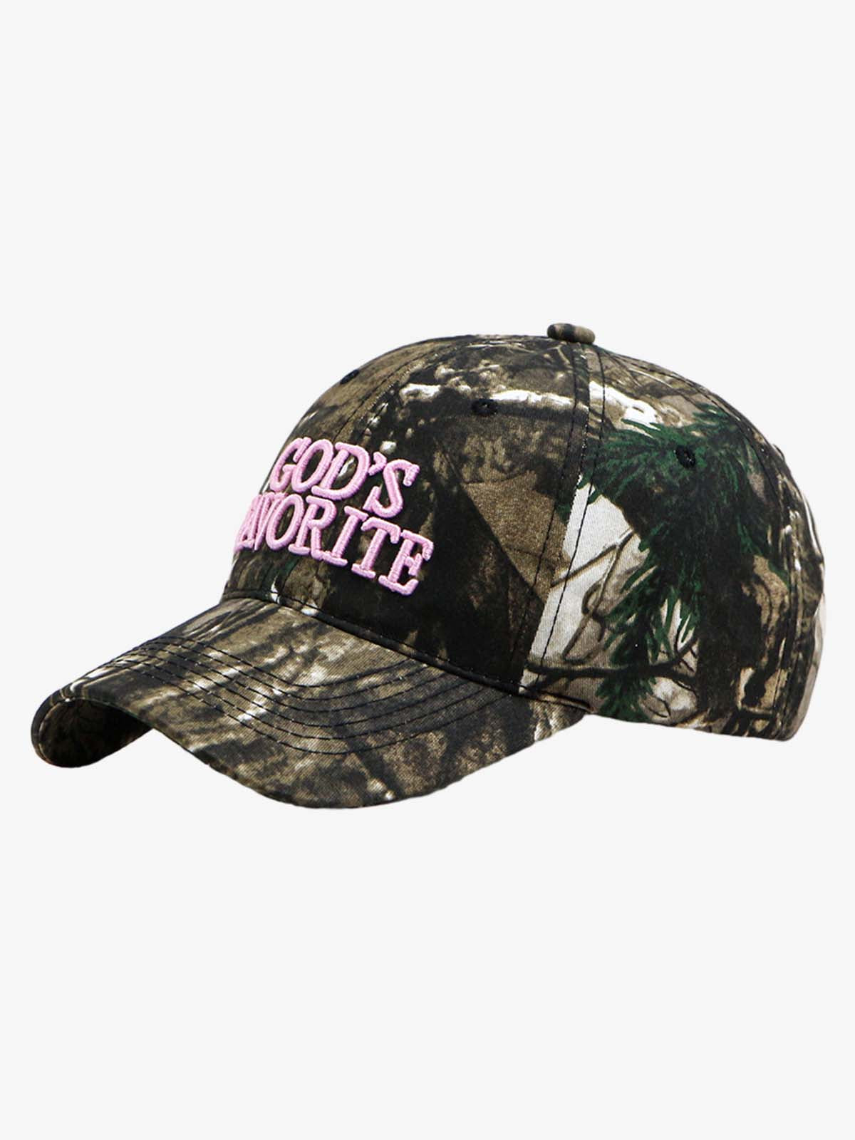 Cotton Blend Pink Camouflage Baseball Cap with "God's Favorite" Embroidery 