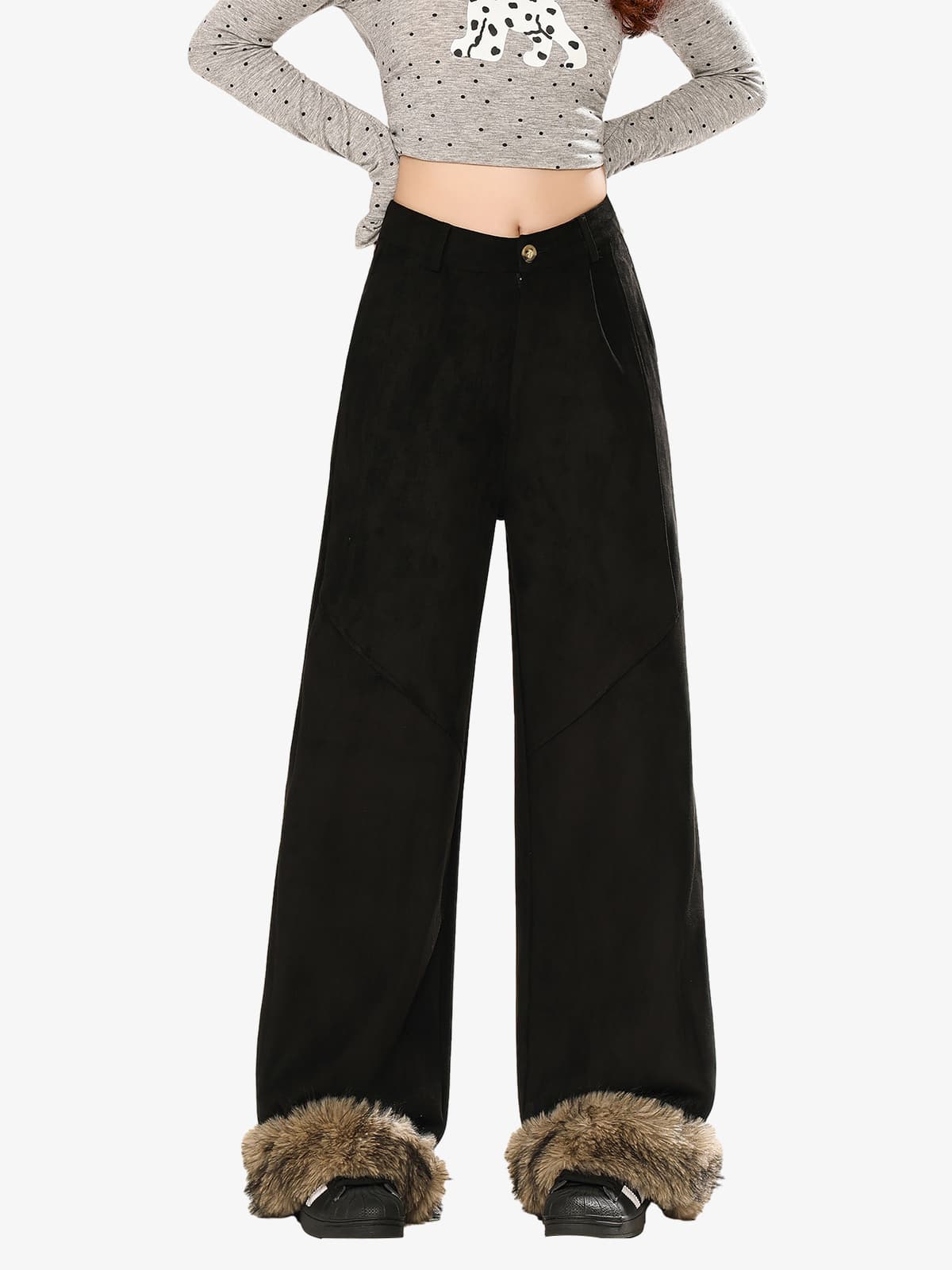 Retro Faux Fur Hem Wide-Leg Pants 