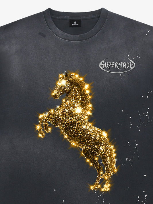 Unisex Washed Ink Blending Dual Color Cotton Horse Year Embroidered Diamond Horse Element Pattern Short-Sleeve T-Shirt?