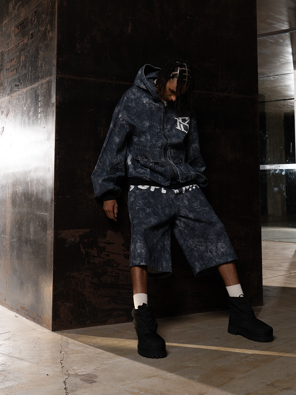 Oversized Denim Hoodie And Shorts Set For Urban Streetwear 