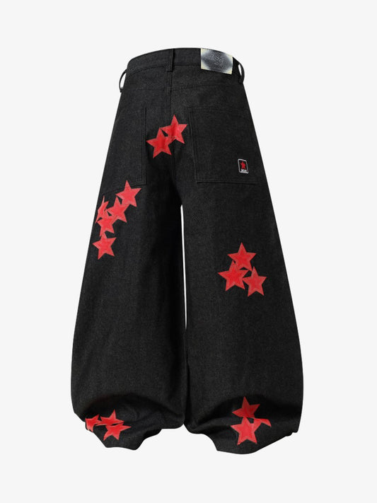Cotton Blend American Flag Print Wide Leg Pants with Red Star Applique Design 