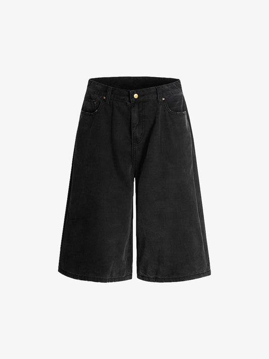 Vintage Washed Distressed Semi-elastic Solid Color Denim Shorts 