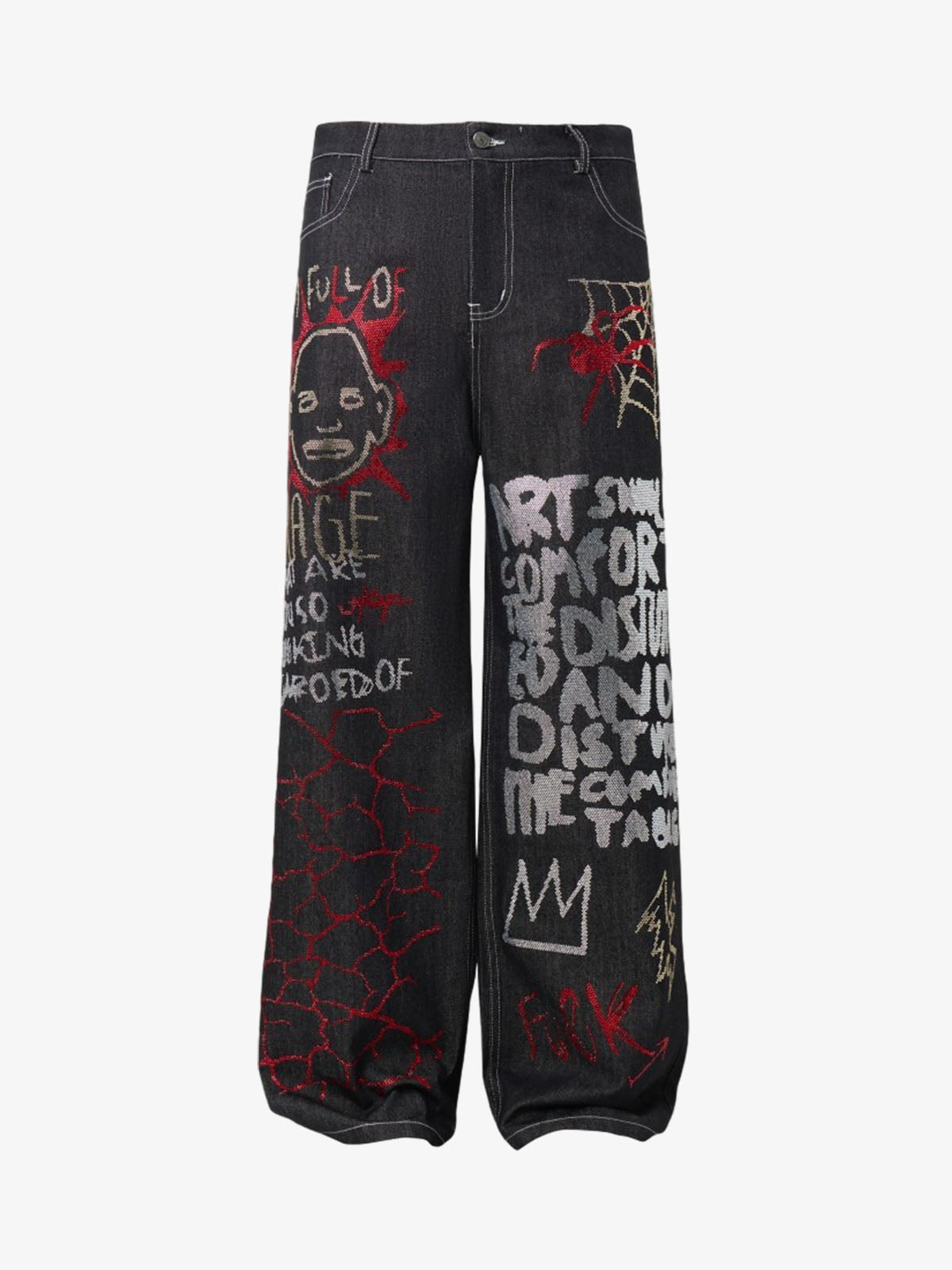 Denim Graffiti Wide Leg Pants with Embroidered Art Design and Bold Statement Text 
