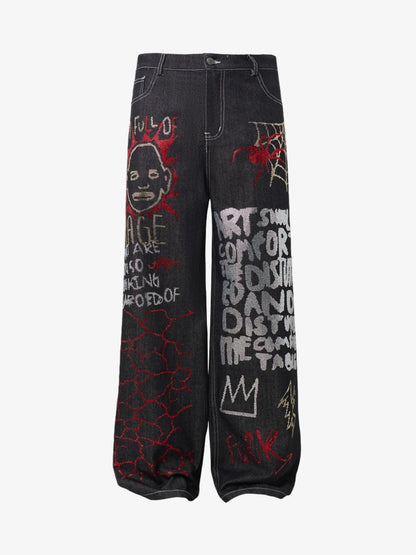 Denim Graffiti Wide Leg Pants with Embroidered Art Design and Bold Statement Text 