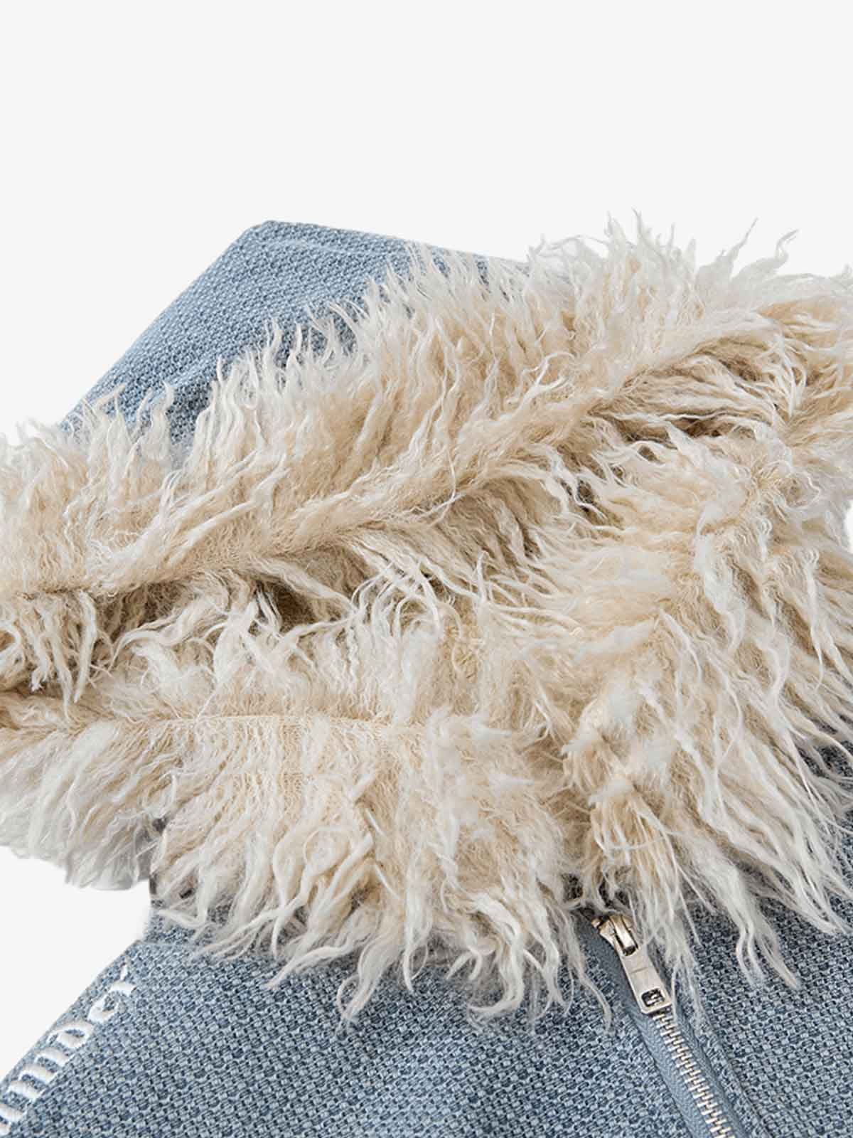 Washed Embroidered Fur-Lined Denim Bomber Jacket