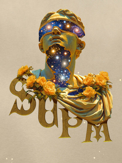 THE SUPERMADE-Wash and splash ink Galaxy Art Print T-Shirt with Cosmic Statue Design for Men and Women?