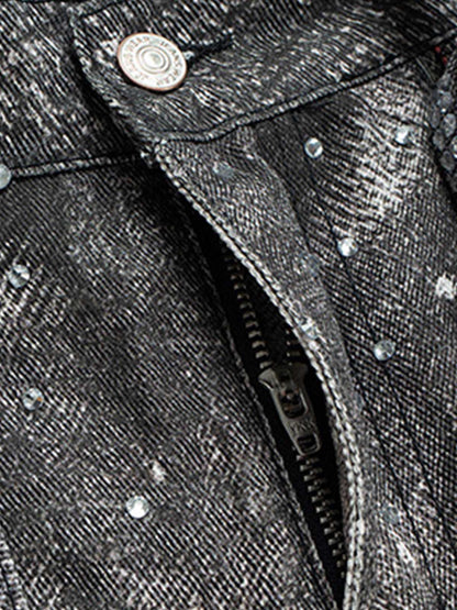 Distressed Diamond Decorated Belt Jeans 