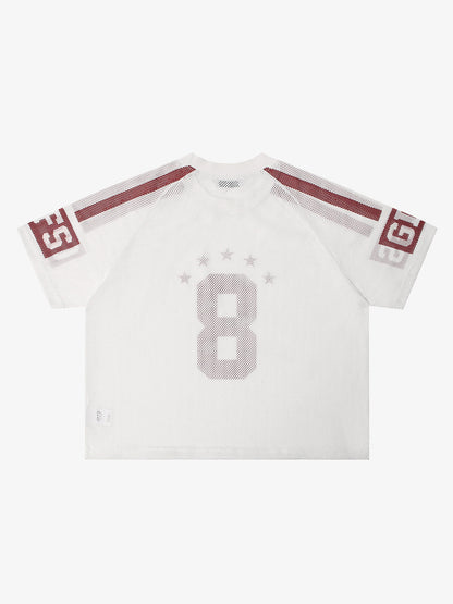 Mesh Jersey Number 8 Sports T-Shirt with Star Design and Sleeve Stripes 