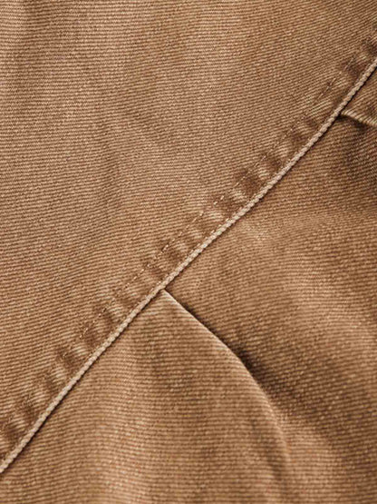 Leather Contrast Fold-Over Collar Multi Pocket Jacket