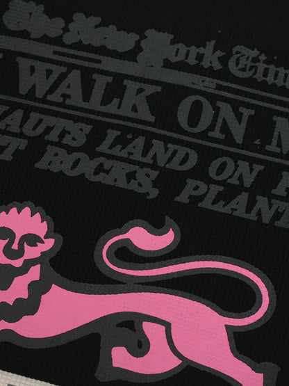 Cotton Waffle Knit Graphic T-Shirt with Moon Landing Print and Lion Design?