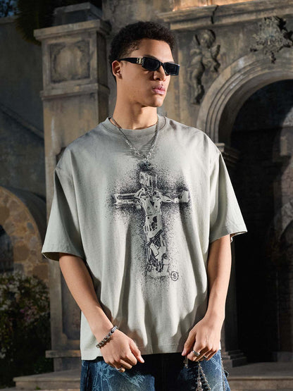 Supermade Distressed Rebellious Gun and Cross Print T-Shirt?