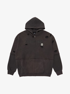 Thesupermade Washed and Ripped Skull Themed Hooded Cardigan Sweatshirt Set 