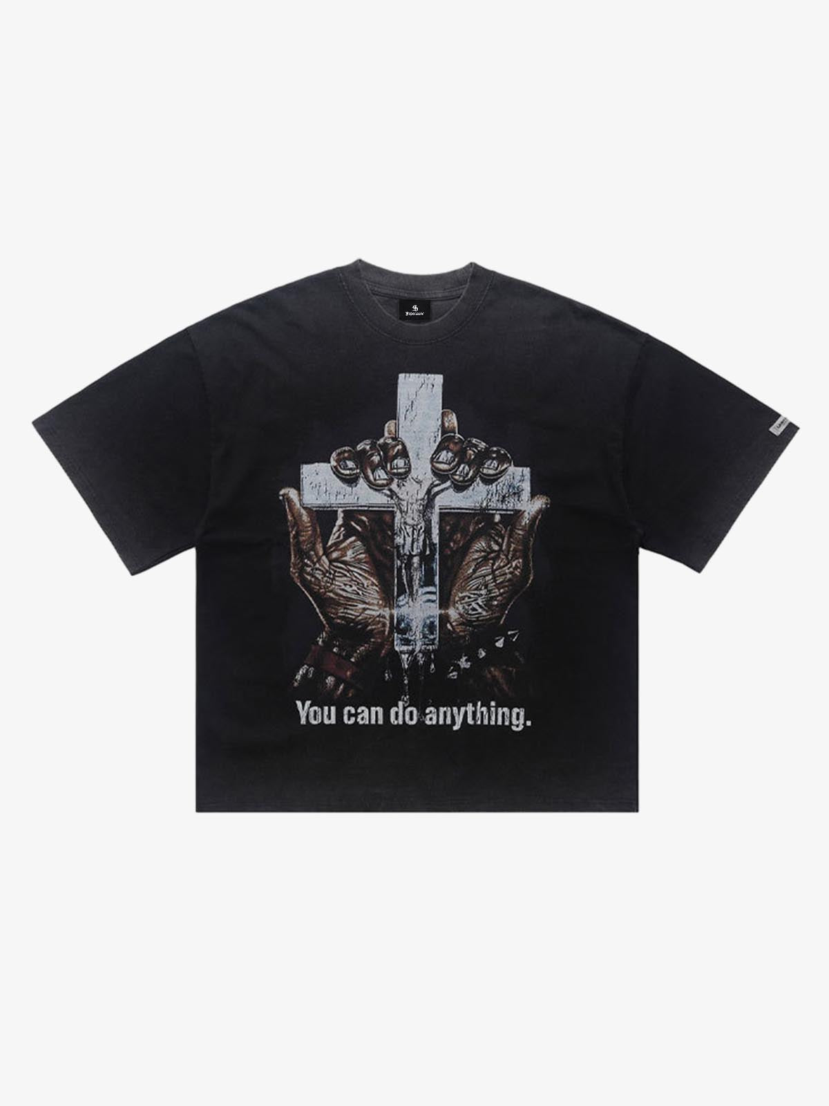 300G Jade Pattern Dyeing Cotton Oversized T-Shirt with Cross Hand Graphic Print?