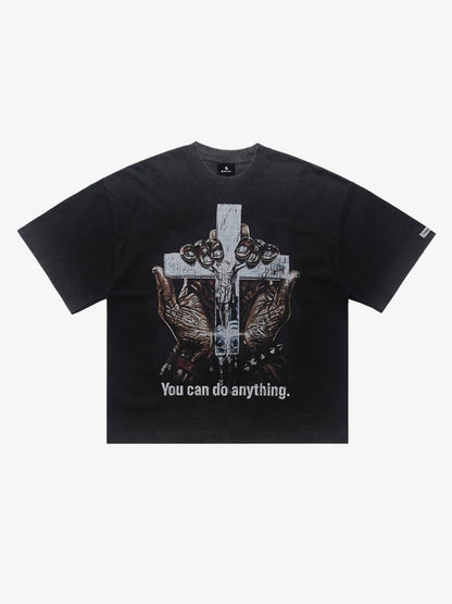 300G Jade Pattern Dyeing Cotton Oversized T-Shirt with Cross Hand Graphic Print?