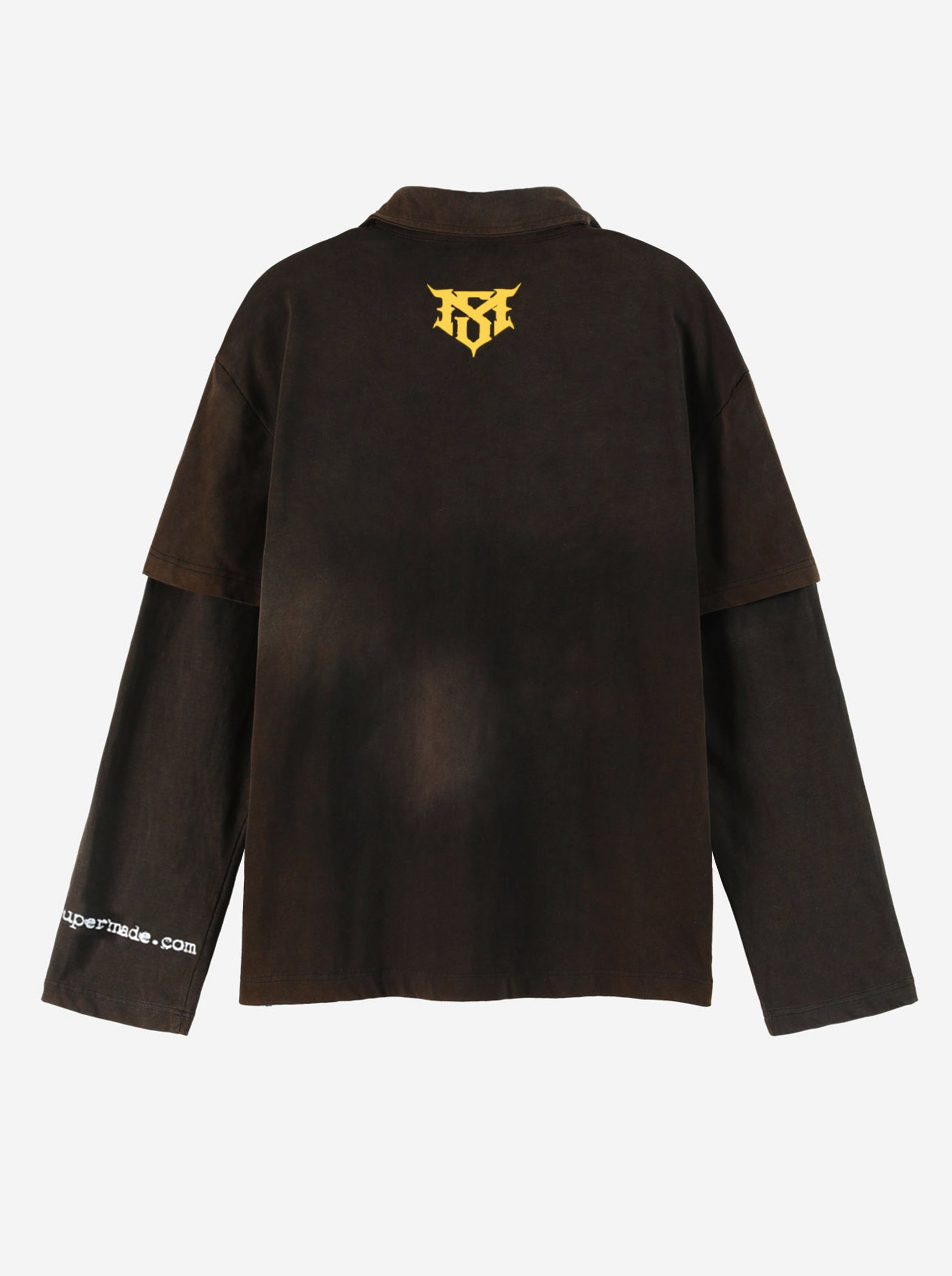 Distressed spray washed cotton fake two-piece loose long-sleeved T-shirt with embroidered badge logo and offset print design?