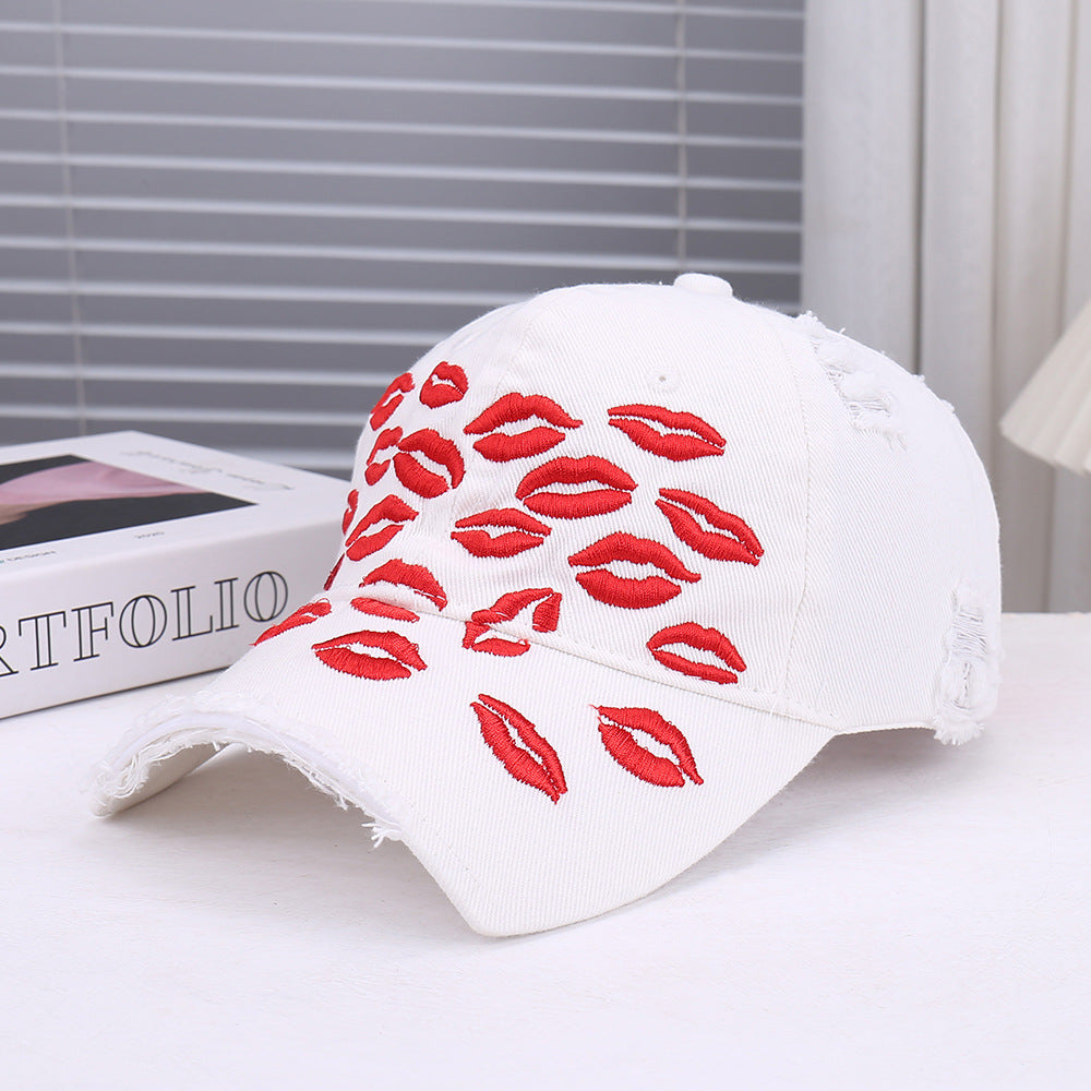 Cotton Distressed Baseball Cap with Red Lip Embroidery - Vintage Style Women's Hat?