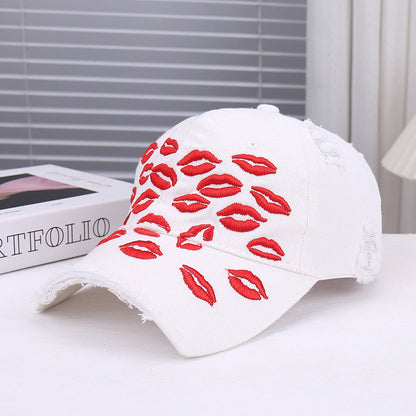 Cotton Distressed Baseball Cap with Red Lip Embroidery - Vintage Style Women's Hat?