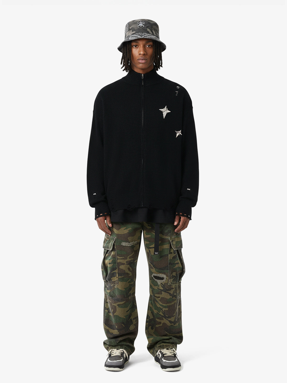 Distressed Ripped-Edge Turtleneck Diamond Star Zipper Knitted Sweater 