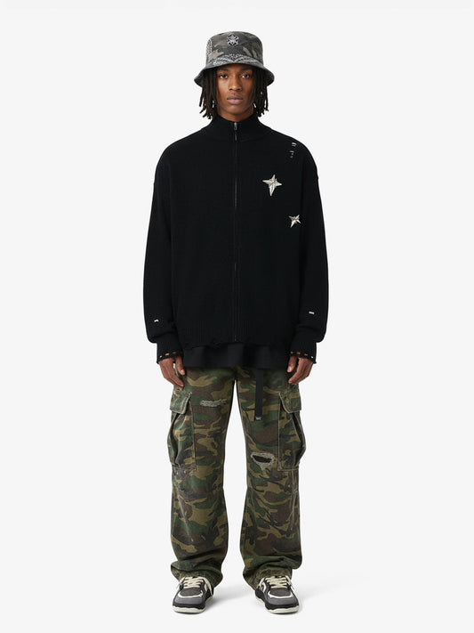 Distressed Ripped-Edge Turtleneck Diamond Star Zipper Knitted Sweater 