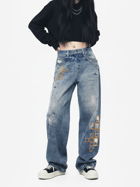 Frame Cross Print Denim Jeans 
