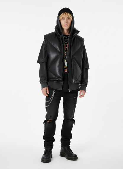 Minimalist Faux Leather Stand Collar Puffer Vest 