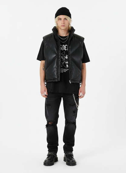 Minimalist Faux Leather Stand Collar Puffer Vest 