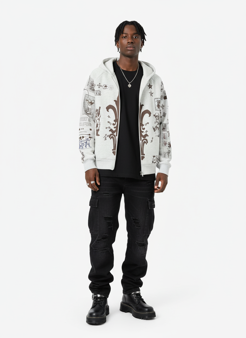 Street Retro Cat Graffiti Hooded Zipper Sweatshirt 