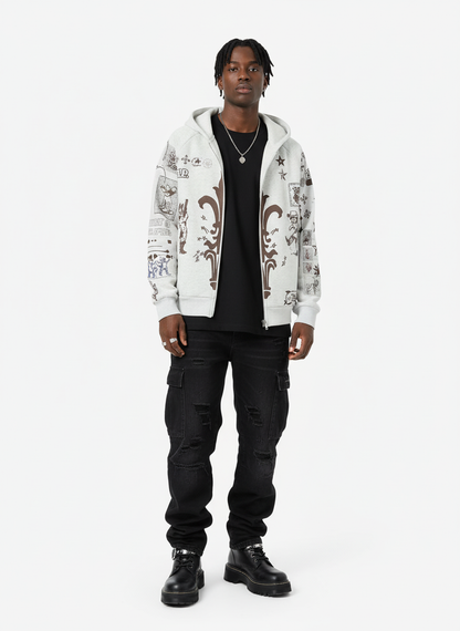 Street Retro Cat Graffiti Hooded Zipper Sweatshirt 