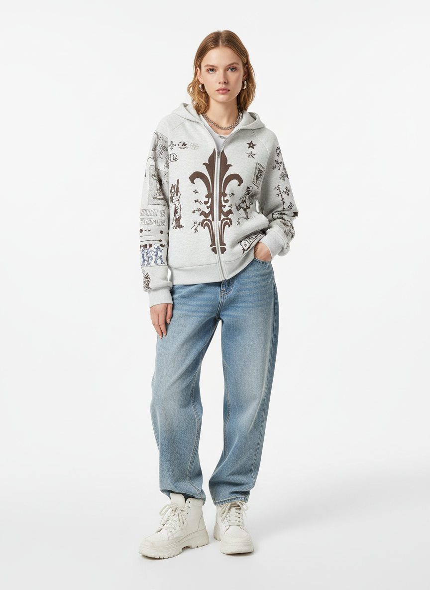 Street Retro Cat Graffiti Hooded Zipper Sweatshirt 