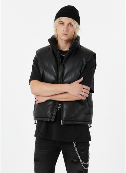 Minimalist Faux Leather Stand Collar Puffer Vest 