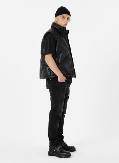 Minimalist Faux Leather Stand Collar Puffer Vest 