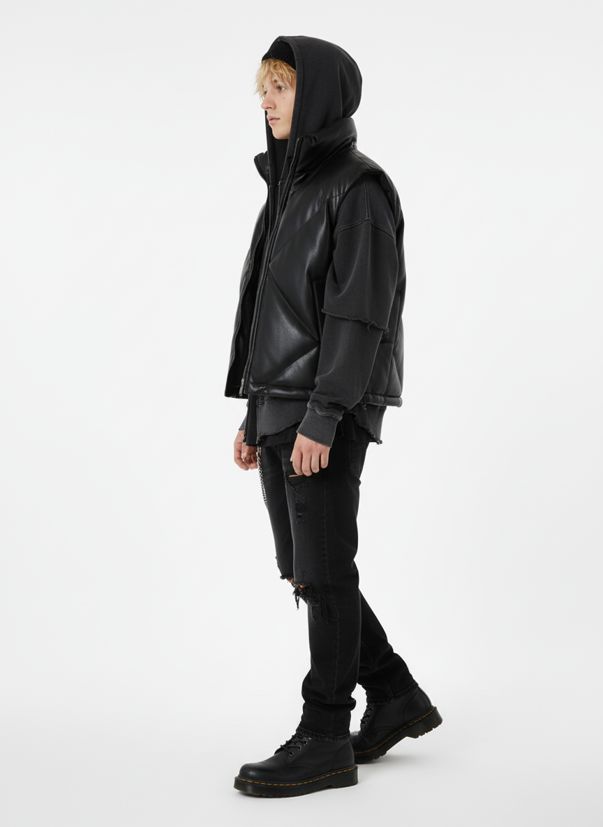 Minimalist Faux Leather Stand Collar Puffer Vest 