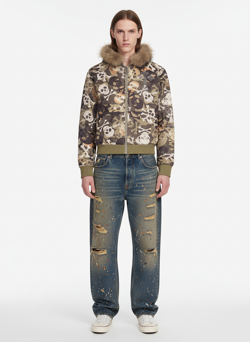 Skull Camouflage Fur Collar Hot Diamond Hooded Jacket - 2507 