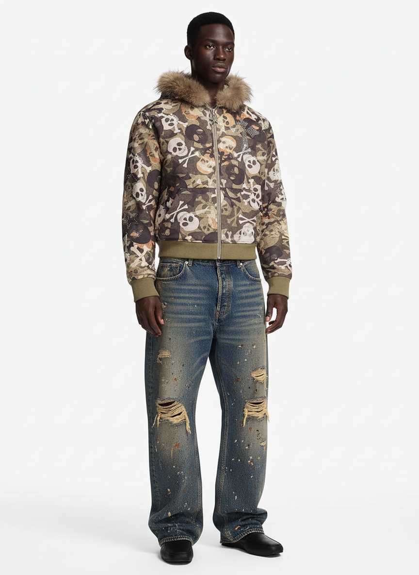 Skull Camouflage Fur Collar Hot Diamond Hooded Jacket - 2507 