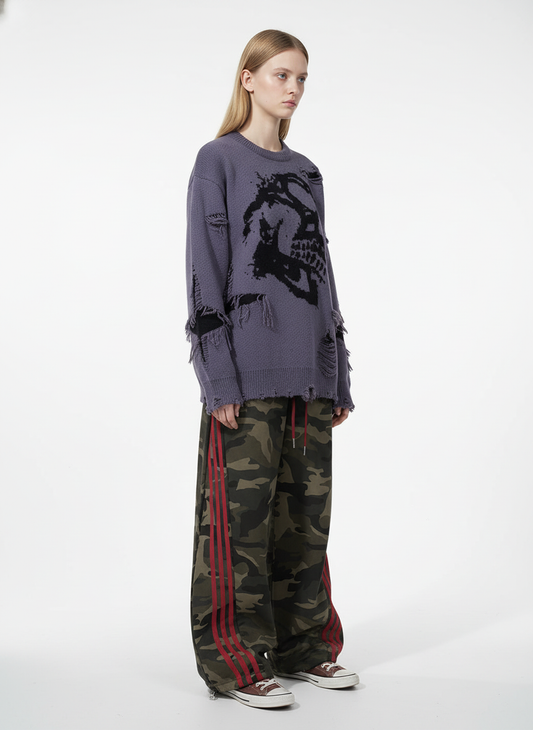 Hip-Hop Dark Skull Frayed-Edge Knit Sweater 