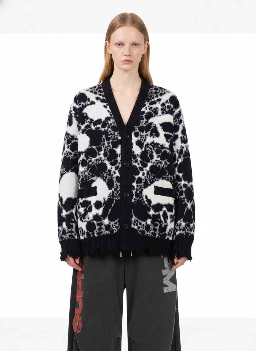 Vintage Skull Leopard Jacquard Knitted Cardigan 