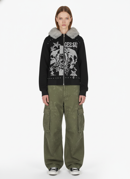 Retro Fur Collar Cartoon Pattern Zipper Hooded Sweatshirt 