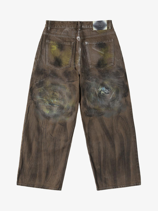Retro Graffiti Painted Distressed Wide-Leg Jeans