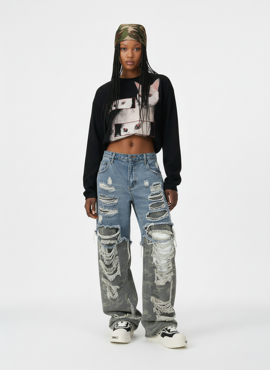 Camouflage Patchwork Ripped Cargo Jeans - 2452 